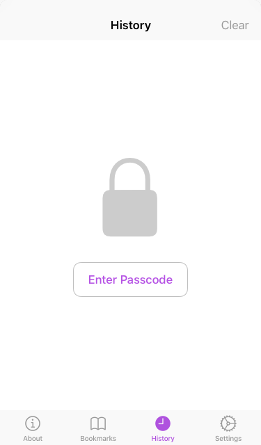 Screenshot of Incognit’s History screen, but the content is hidden and a buttom prompts you to enter a passcode to unlock it.